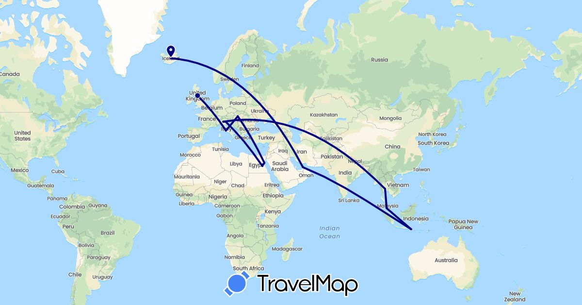 TravelMap itinerary: driving in United Arab Emirates, Egypt, United Kingdom, Hungary, Indonesia, Iceland, Italy, Malaysia, Thailand (Africa, Asia, Europe)